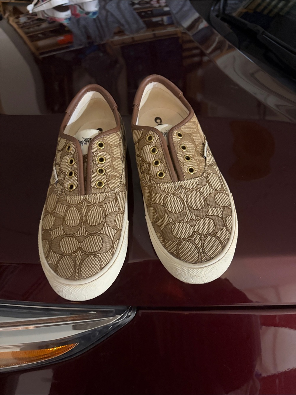 Coach Brown Signature Canvas Slip-On Sneakers with Gold Eyelets